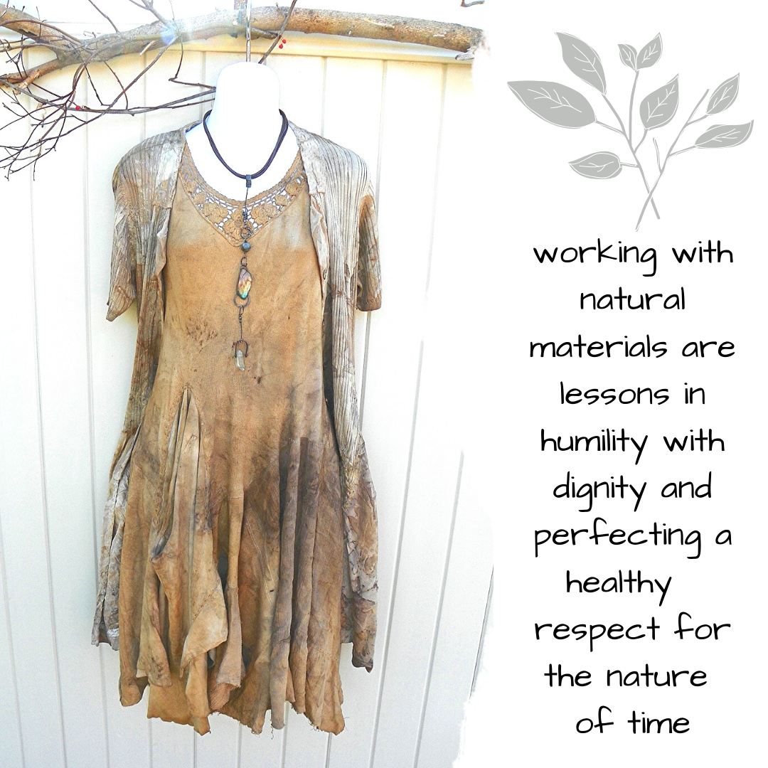 front prolfile exhibiting warm golden toned cotton ecoprinted tunic. Lace Neckline, flowy hemline overall feminine appearance.. Silk ecoprinted short sleeve sweater cover up. Labradorite focal necklace. Half Street Studio brand pieces.