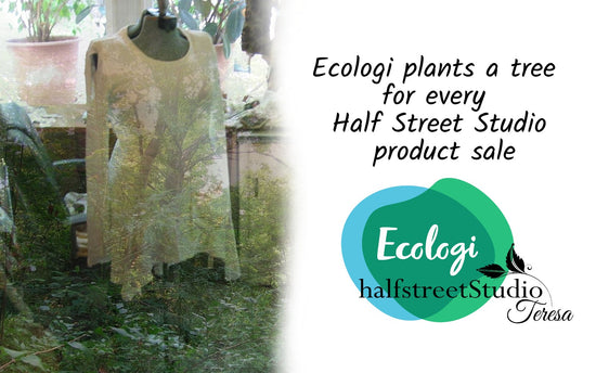 artistic overlay presentation of refashioned garment on dress form in studio with forest image transparent overlay. Ecologi logo combined with Half Street Studio logo.. 